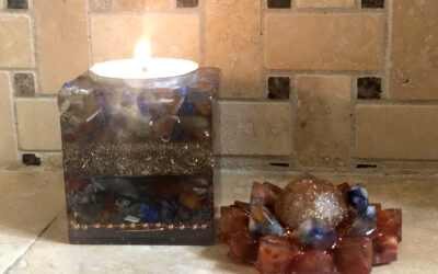 Orgonite tea light candle holder with a flower lid